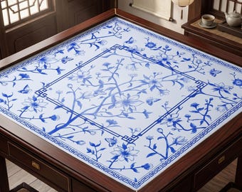 Blue White Chinoiserie Mahjong Mat, Butterfly Floral Game Cover, Non-Slip Table Runner