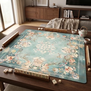 Vintage Baroque Mahjong Mat, Sage Blue Floral Medallion Game Mat with Romantic Symmetrical Design, Non-Slip Mah Jongg Table Cover club gift