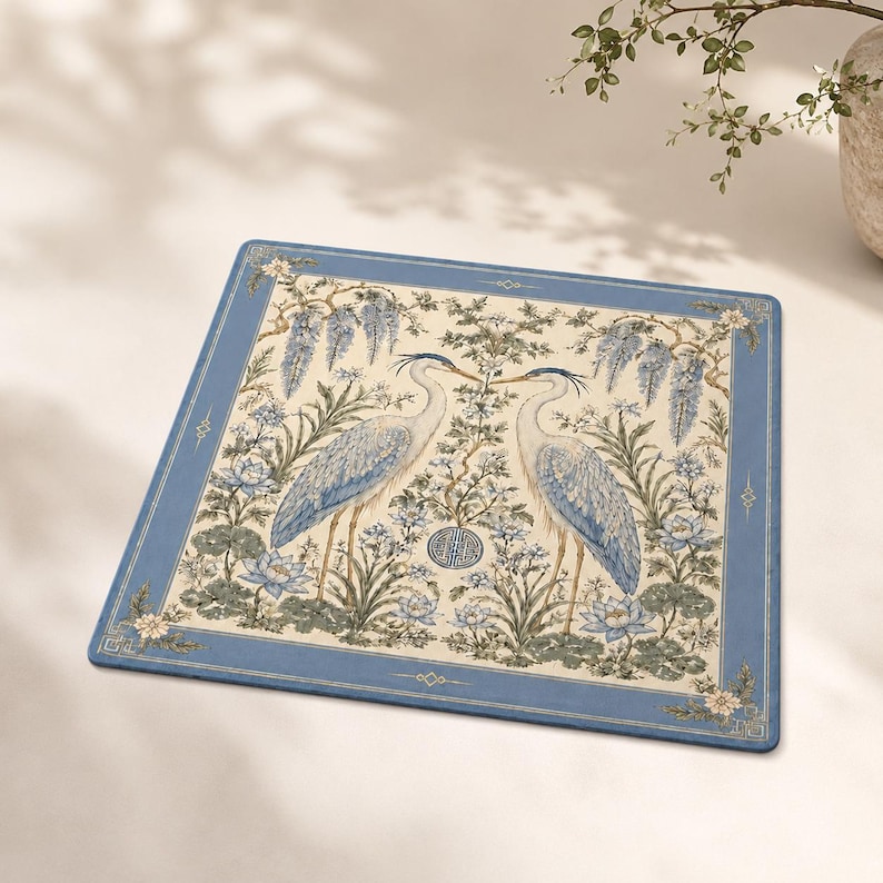 Heron Mahjong Mat, Blue Crane Chinoiserie Game Mat with Wisteria Lotus Design, Non-Slip Mah Jongg Table Cover, Elegant Mahjong Club Gifts image 10