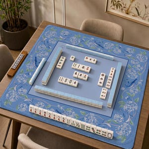 Bluebird Hydrangea Mahjong Mat, Cornflower Blue Floral Bird Game Mat, Non-Slip Mah Jongg Table Cover, Preppy Coastal Mahjong Club Gift