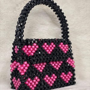 Handmade Black&Pink combination Beaded Heart Bag – Pink Crystal Heart Purse – Unique Pearl Bead Handbag – Gift for Her&quot;