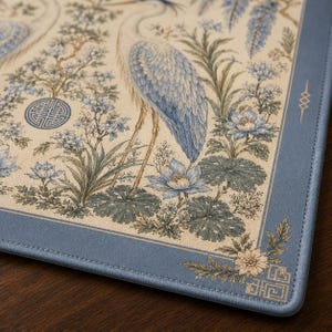 May include: A rectangular desk mat featuring a cream-colored surface with a detailed illustration of blue herons, lotus flowers, and foliage. The mat has a solid blue border with gold-toned geometric accents and a decorative corner floral motif.