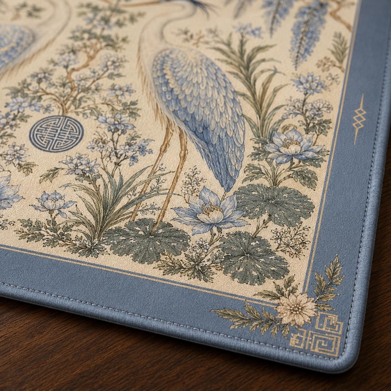 May include: A rectangular desk mat featuring a cream-colored surface with a detailed illustration of blue herons, lotus flowers, and foliage. The mat has a solid blue border with gold-toned geometric accents and a decorative corner floral motif.