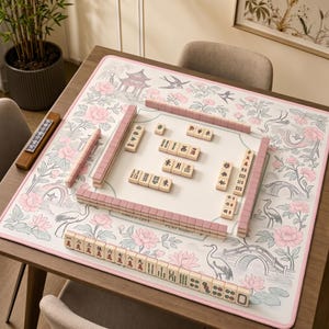 Pink Chinoiserie Mahjong Mat, Crane Peony Toile Game Mat with Pagoda Design, Non-Slip Mah Jongg Table Cover, Feminine Mahjong Club Gift