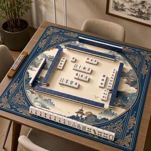 Navy Blue Landscape Mahjong Mat, Chinese Ink Painting Game Mat with Gold Pagoda Border, Non-Slip Mah Jongg Table Cover, Mahjong Club Gift