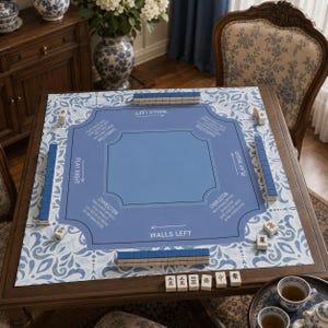 Blue Damask Mahjong Mat, Steel Blue Floral Scroll Game Mat with Charleston Guide, Non-Slip Mah Jongg Table Cover, Mahjong Club Gift