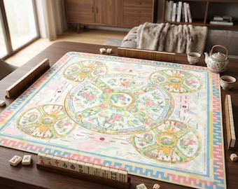 Canton Rose Mahjong Mat, Pastel Porcelain Medallion Game Table Cover