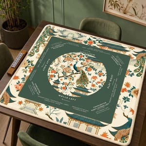 Peacock Mahjong Mat, Green Chinoiserie Pagoda Game Mat with Charleston Guide, Non-Slip Mah Jongg Table Cover, Luxury Mahjong Club Gifts