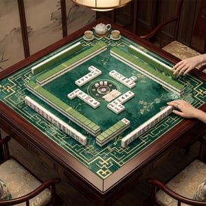 May include: A square wooden mahjong table with a dark brown frame and a green felt surface featuring gold geometric patterns and floral motifs. The table is set with rows of white and green mahjong tiles, dice, and scoring sticks in the centre.