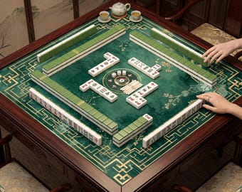 Emerald Green Mahjong Mat, Jade Chinese Game Table Cover, Gold Greek Key Border