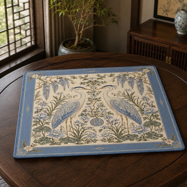 May include: A rectangular placemat featuring a cream-colored center with two blue and white herons facing each other, surrounded by floral motifs and wisteria. The border is a solid blue with geometric corner accents and a central circular emblem.