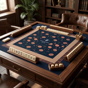 May include: A wooden mahjong table featuring a dark blue felt surface with a floral pattern of orange flowers and the text Mahjong Row & Co. The table includes wooden tile racks, ivory-coloured mahjong tiles with black characters, and dice.