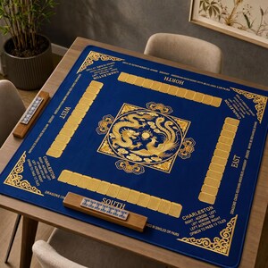 Navy Blue Dragon Phoenix Mahjong Mat, Gold Imperial Game Mat with Charleston Guide, Non-Slip Mah Jongg Table Cover, Luxury Mahjong Club Gift