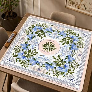 Blue Floral Wreath Mahjong Mat, Blush Pink Garden Game Mat with Charleston Guide, Non-Slip Mah Jongg Table Cover, American Mahjong Club Gift