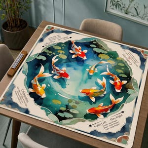 Koi Fish Mahjong Mat, Watercolor Koi Pond Game Mat with Charleston Guide, Non-Slip Mah Jongg Table Cover, Lucky Koi Mahjong Gift Club Gift