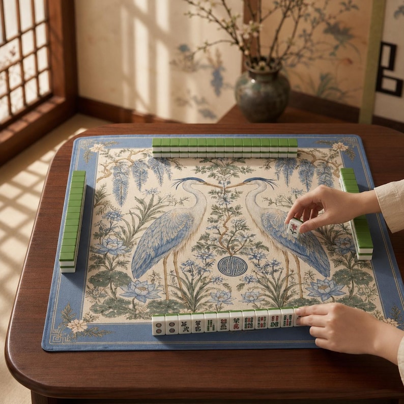 May include: A square mahjong mat featuring a cream-colored center with two blue and white herons surrounded by floral motifs, framed by a blue border. The mat is set on a wooden table with green mahjong tiles arranged in rows along the edges.