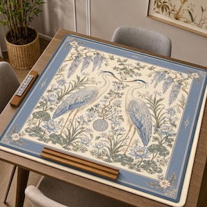 Heron Mahjong Mat, Blue Crane Chinoiserie Game Mat with Wisteria Lotus Design, Non-Slip Mah Jongg Table Cover, Elegant Mahjong Club Gifts