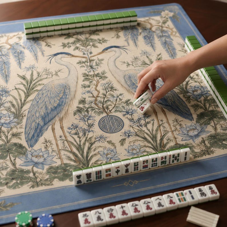 May include: A square mahjong mat featuring a cream-colored surface with a botanical print of two blue and white herons, lotus flowers, and foliage. The mat has a blue border and is arranged with rows of green and white mahjong tiles.