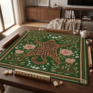 Leopard Mahjong Mat, Dark Green Floral Wild Cat Game Mat with Rose Design, Non-Slip Mah Jongg Table Cover, Maximalist Mahjong Club Gift