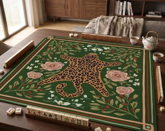 Leopard Mahjong Mat, Dark Green Floral Wild Cat Game Mat with Rose Design, Non-Slip Mah Jongg Table Cover, Maximalist Mahjong Club Gift