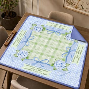 Preppy Hydrangea Mahjong Mat, Blue Gingham Bow Game Mat with Charleston Guide, Non-Slip Mah Jongg Table Cover, Grandmillennial Club Gift