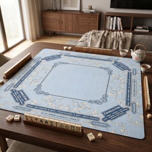 Blue Toile Mahjong Mat, Chinoiserie Bird Cherry Blossom Game Mat with Charleston Guide, Non-Slip Mah Jongg Table Cover, Mahjong club gift