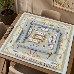 Equestrian Mahjong Mat, Luxury Gold Chain Horse Game Mat with Baroque Medallion Design, Non-Slip Mah Jongg Table Cover, Mahjong Club Gift