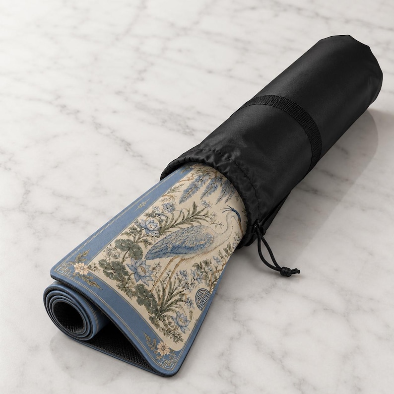 Heron Mahjong Mat, Blue Crane Chinoiserie Game Mat with Wisteria Lotus Design, Non-Slip Mah Jongg Table Cover, Elegant Mahjong Club Gifts image 7