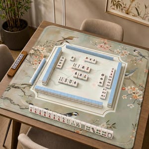 Chinoiserie Songbird Mahjong Mat, Sage Green Cherry Blossom Game Mat with Gold Frame, Non-Slip Mah Jongg Table Cover, Mahjong Club Gift