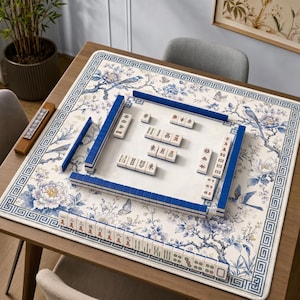 Blue Bird Mahjong Mat, Chinoiserie Peony Floral Game Mat with Greek Key Border, Non-Slip Mah Jongg Table Cover, Mahjong Club Gift With Bag