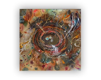 Gift idea for wedding, abstract joyful painting with nest, print on canvas in rich colors, smart print for home