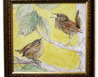 Original acrylic painting with 2 wren birds, framed, golden background, nature inspired art, woodland photorealistic art