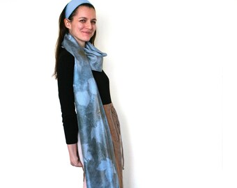 Long blue silk scarf with hand printed leaves and folding technic of art print with spray, gold and bronze accents, shibori effects