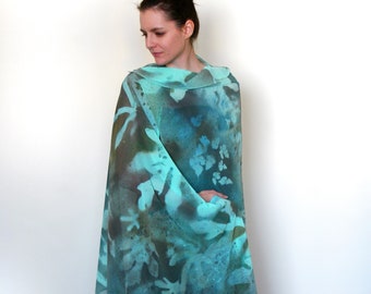 Elven wrap, handprinted large chiffon scarf with forest river and leaves, mint and pastel green, wearable art, woodland landscape, prom
