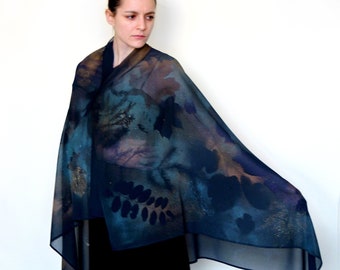 Handprinted large chiffon scarf with tree leaves, navy blue polyester chiffon, nature inspired art, woodland Easter gift her