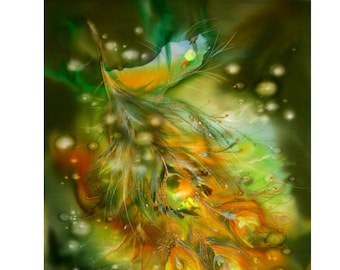 Gold Phoenix feather, Fantasy canvas, mixmedia, green wall hanging, Firebird firytale, gift for home, office, wedding, anniversary, birthday