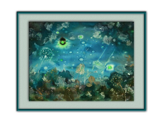 Summer Night Landscape Fairy Painting Mixmedia Fireflies Childhood Dark Turquoise Bedroom Children S Room Decor Teal Wall Hanging