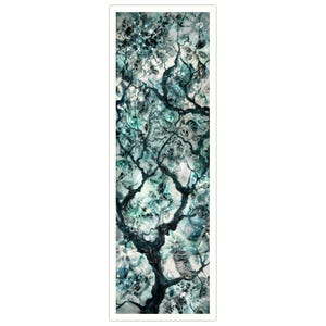 Vertical landscape, very long and tall wall art, mixmedia painting on canvas for home or work space, gray, cyan, turquoise, nature inspired