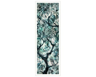 Vertical Landscape with Owl in Turquoise, Thin Narrow Canvas Metallic Accents