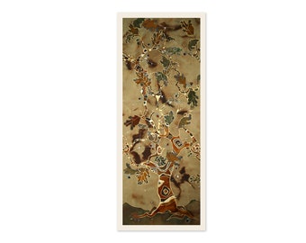 Long abstract vertical wall art, whimsical elven oak, idea for home or office, autumn fall, pastel colors, gold accents