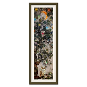 Dünne schmale vertikale Landschaft mit Eulen, Wandbild auf Leinwand, Mixed Media satte Farben für Eingangsbereich, Treppe, Säulendekoration, Bar