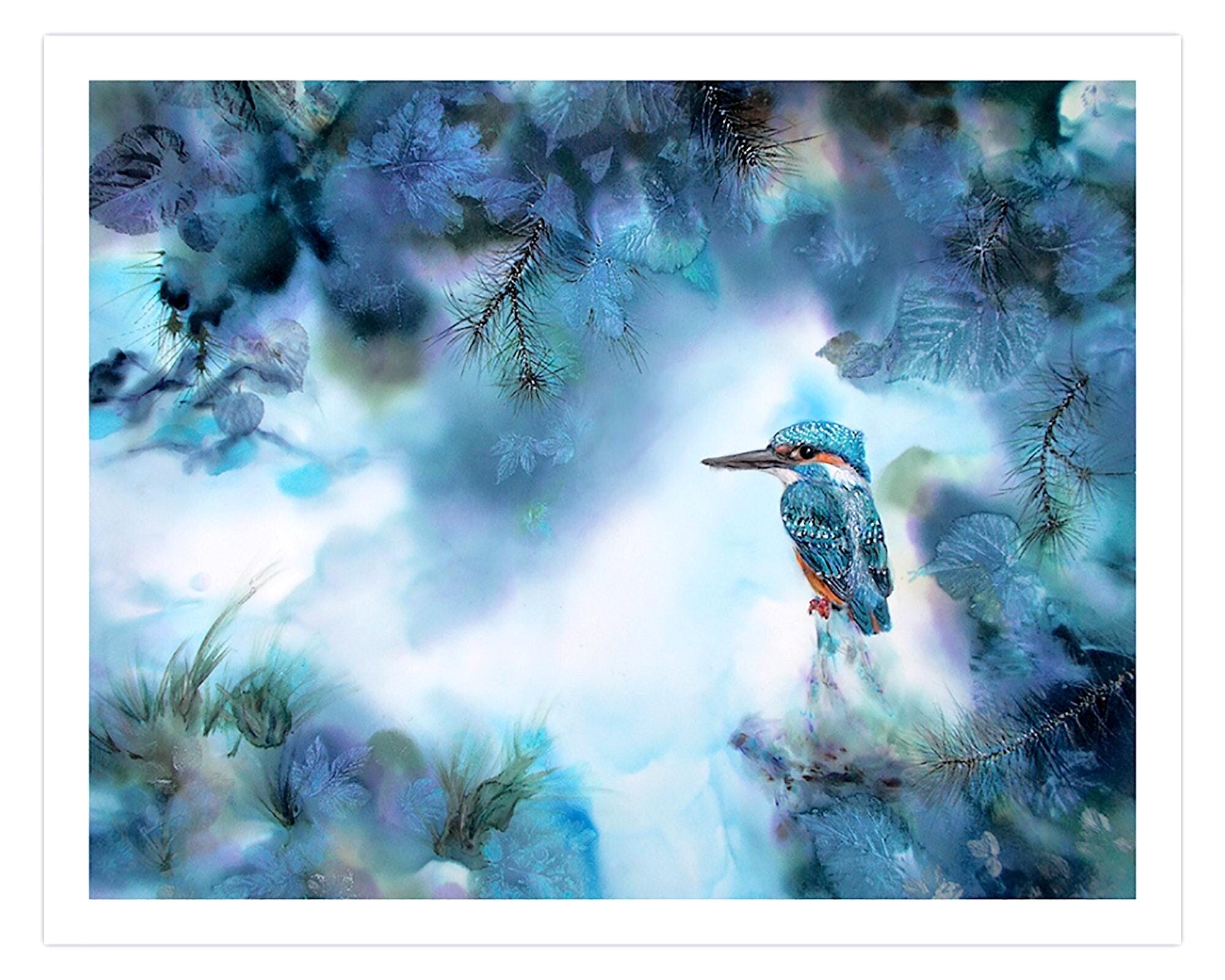 Woodland painting with bird kingfisher, mixmedia, mountain, blue misty landscape, eco printing, dream, Bulgarian, Bistra Sirin's Art, nature