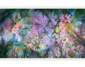 Forest landscape with meadow, wild flowers, butterflies, mixed media on canvas, woodland wall art, excellent family gift with homelike mood