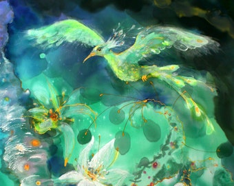 Awe Phoenixbird, Firebird, fantasy mixmedia Art print on canvas by my original painting, thunderstorm, Spirit, psychology, blue, green
