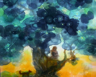 Landscape with a traveler on old tree and a dog at evening fall, my original silk painting, relaxing aquarelle style