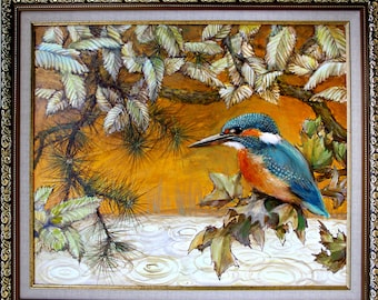 Golden landscape with kingfisher, original acrylic painting, fiberboard MDF 4 mm framed, fall, for home, office, cottage, hut