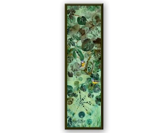 Thin vertical wall art with trees and a pair of blue tit birds, green spring landscape for narrow wall spots, columns, staircases