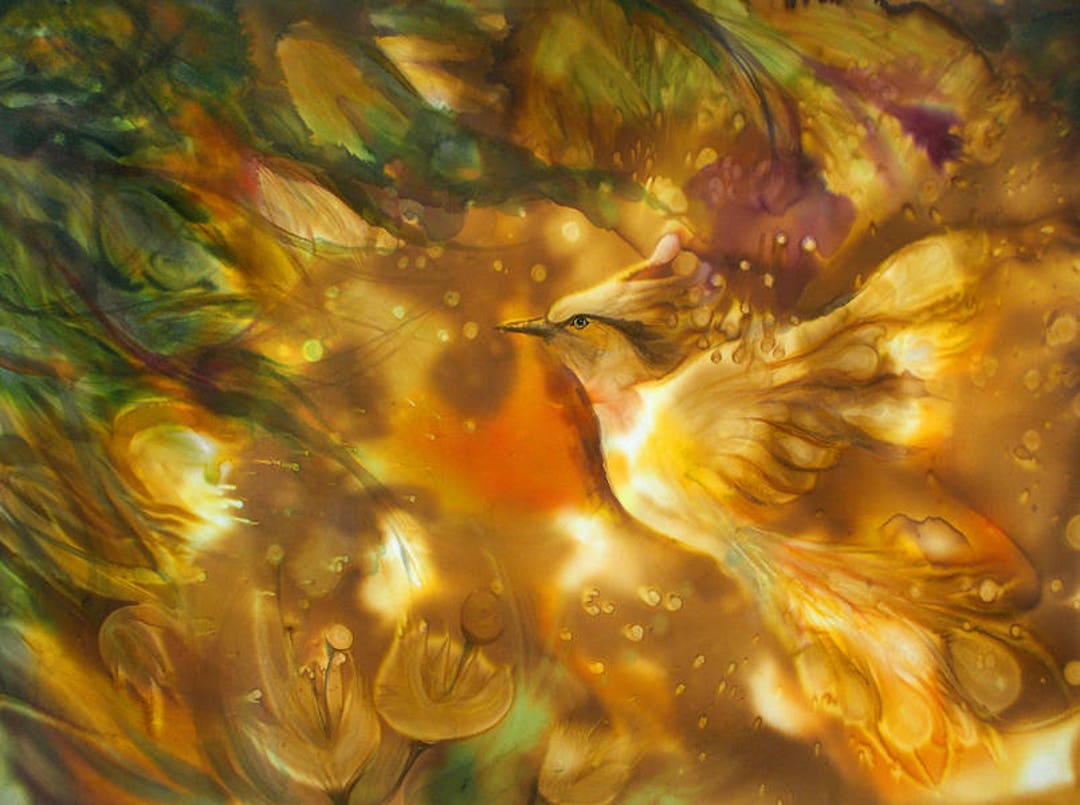Golden Phoenix in Eden Garden Print on Canvas Firebird a - Etsy