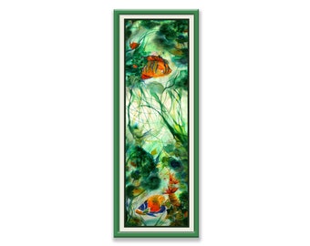 Long vertical wall art with 2 tropic fishes in ocean, exotic underwater landscape for narrow wall spot, column, staircase, entryway, etc.