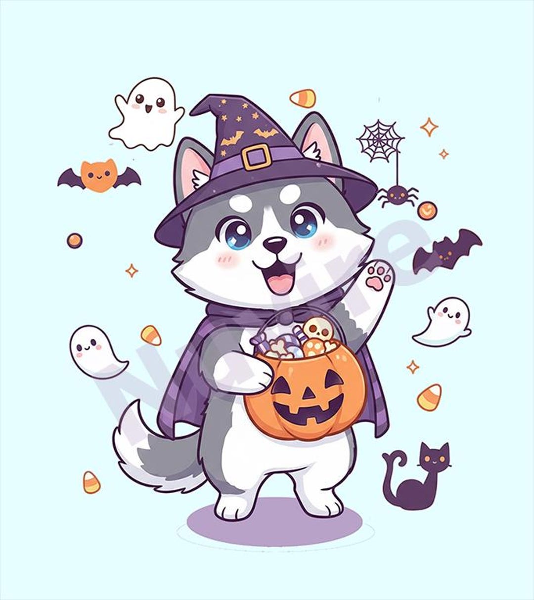 Kawaii Halloween Husky Witch Sticker | Cute Puppy Printable | Halloween ...